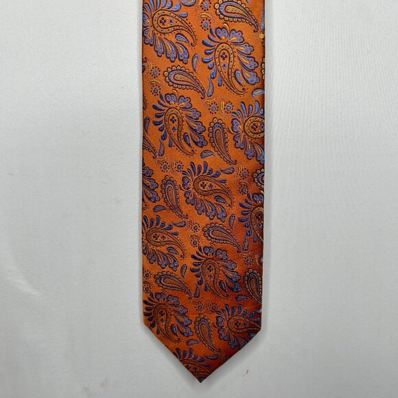 Blair Underwood Mens Neck Tie 3 ½” Rust Orange & Blue Paisley 100% Silk Handmade - Picture 1 of 10
